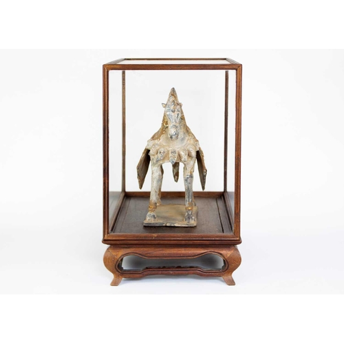 148 - A Chinese Tang style metal and pottery horse. In an early 20th century glazed and hardwood cabinet, ... 