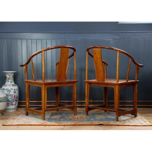 172 - A pair of Chinese huanghuali horseshoe armchairs, quanyi. Height 97cm, width 68cm, depth 52cm. short... 