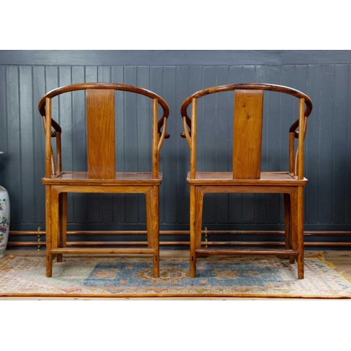 172 - A pair of Chinese huanghuali horseshoe armchairs, quanyi. Height 97cm, width 68cm, depth 52cm. short... 