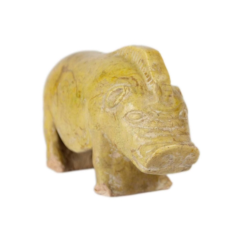 175 - A Chinese Han style pottery glazed model of a pig. Height 10.5cm, width 16cm, depth 6cm.