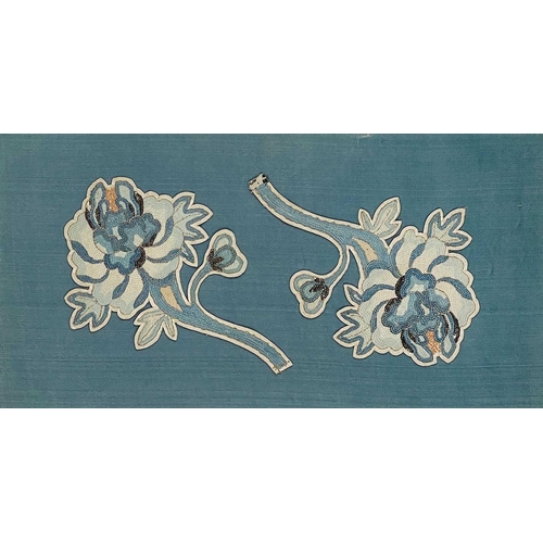 176 - A framed pair of Chinese embroidered peony flowers, late Qing. In 'Peking stitch', frame 41 x 20.5cm