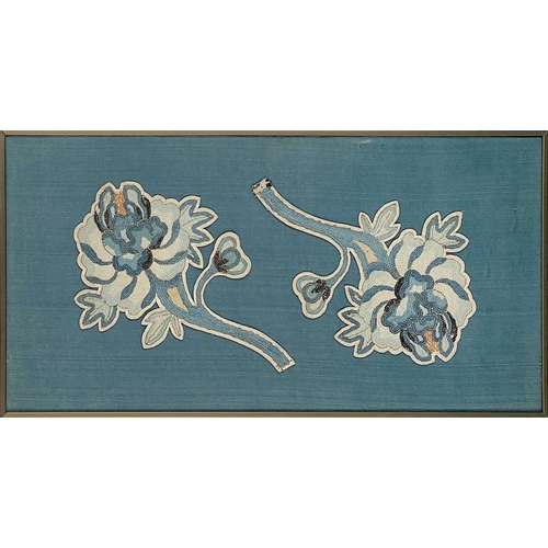 176 - A framed pair of Chinese embroidered peony flowers, late Qing. In 'Peking stitch', frame 41 x 20.5cm