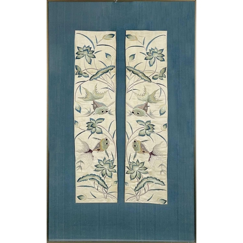 177 - A pair of framed Chinese silk embroidered sleeve panels, Qing Dynasty. Decorated with foliage and fi... 