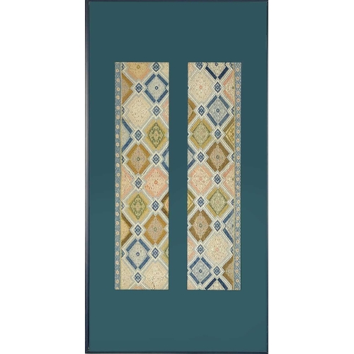 178 - A pair of framed Chinese silk embroidered sleeve panels.. Late Qing Dynasty, with geometric motifs, ... 