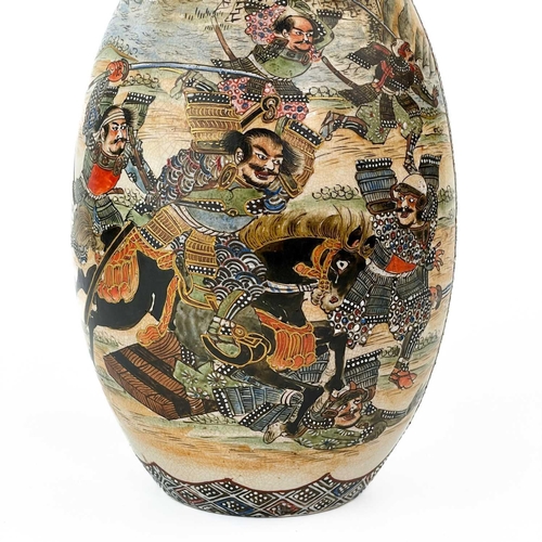 19 - A Japanese Satsuma vase, Maizan Hododa, Meiji period. Decorated with warriors and clerics, faint red... 