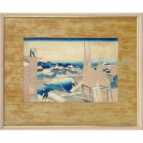 202 - A Japanese woodblock print, 'Lumberyards on the Takekawa River, Hokusai'. Frame 44.5 x 55cm.