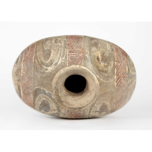 217 - A Chinese Neolithic cocoon flask, Han Dynasty. With geometric motifs, height 24cm, width 27cm, depth... 