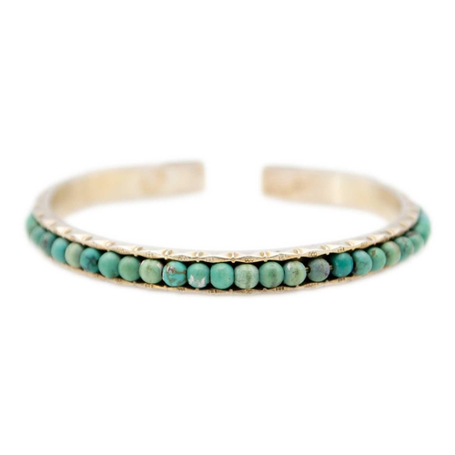 227 - A Chinese silver and turquoise bead bracelet, clip and turquoise bead bangle. The panel bracelet and... 