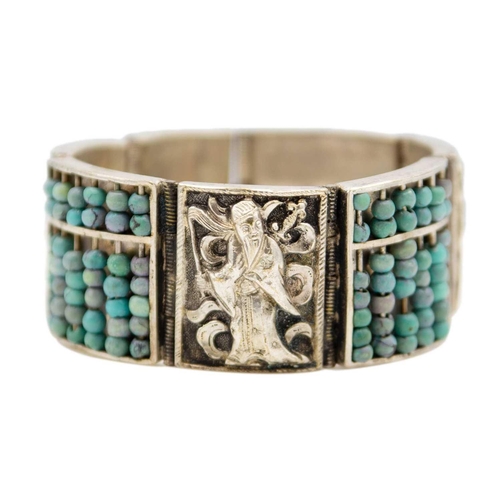 227 - A Chinese silver and turquoise bead bracelet, clip and turquoise bead bangle. The panel bracelet and... 