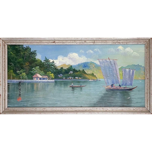 232 - A Chinese oil painting of a lake scene, early-mid 20th century. Signed, frame 36.5 x 71.5cm.