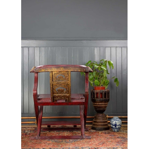 234 - A Chinese ox bow chair, mid 20th century. With gilt decorated pierced splat, above a red lacquer sea... 