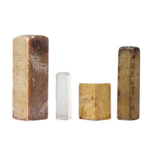 243 - Three Chinese soapstone seals, 19th century. Heights 10cm, 9cm and 4.5cm; and a Chinese rock crystal... 