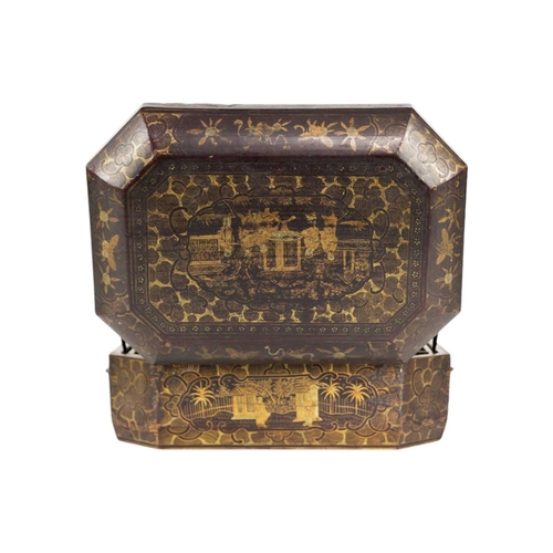 244 - A Chinese export lacquer work box, 19th century. The gilt decorated lid opening to reveal a lift-up ... 