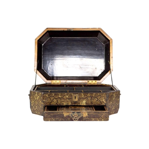 244 - A Chinese export lacquer work box, 19th century. The gilt decorated lid opening to reveal a lift-up ... 