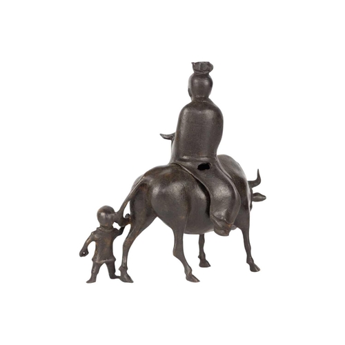 248 - A Chinese bronze incense burner, late 19th century. With a sage seated on the buffalo and child hold... 