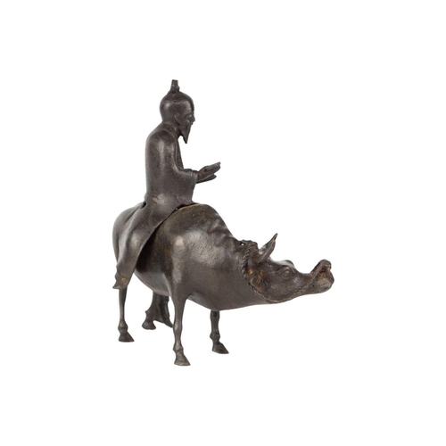 248 - A Chinese bronze incense burner, late 19th century. With a sage seated on the buffalo and child hold... 