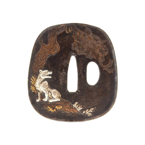 266 - A Japanese fuichi and kashira, Edo period. 3.5 x 2cm and 3.3 x 1.7cm and a signed bronze tsuba with ... 