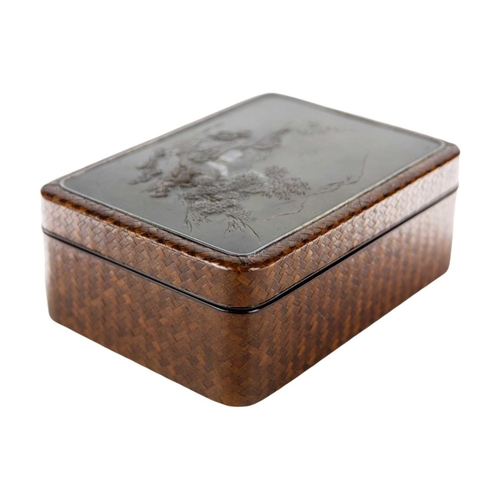 270 - A Japanese lacquer, wood and bamboo decorated box and cover. The top with inset metal plaque, height... 