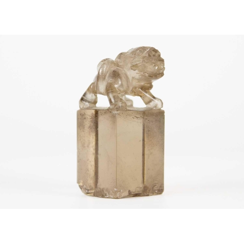 278 - A Chinese rock crystal seal, 19th century. Surmounted by a dog of fo, uncut, height 5.5cm, width 2.5... 