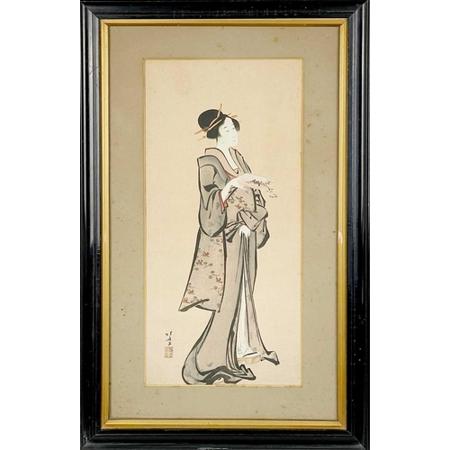 284 - A Japanese watercolour of a Geisha, circa 1900. Inscribed to rear in Dr Frank Turks hand 'Bijin-gura... 