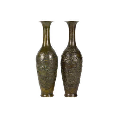 286 - A pair of Chinese bronzed vases, 20th century. Decorated in relief with dragons and cloud scrolls, s... 