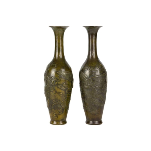 286 - A pair of Chinese bronzed vases, 20th century. Decorated in relief with dragons and cloud scrolls, s... 