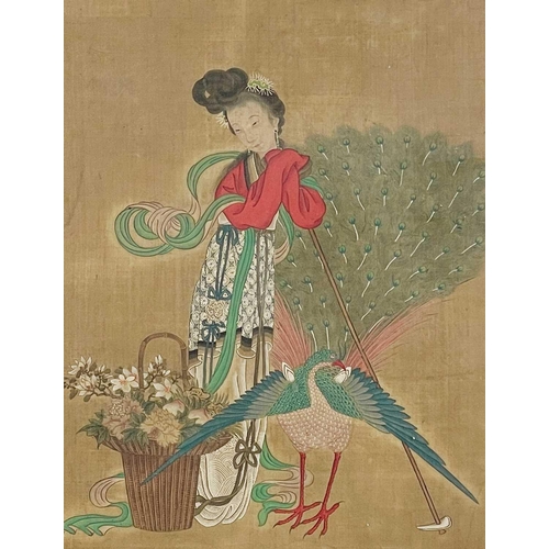 294 - Two Chinese paintings on silk, early 20th century. Each depicting a female figure, one with a dog of... 