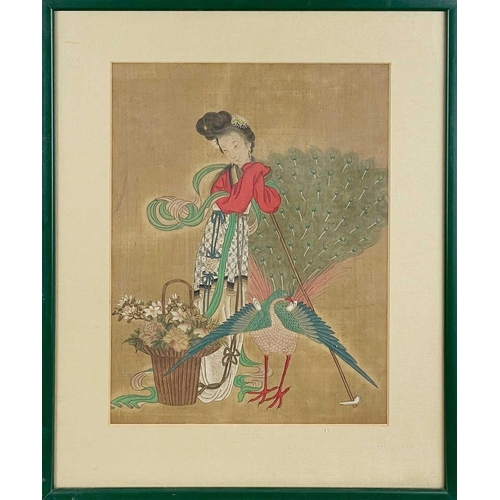 294 - Two Chinese paintings on silk, early 20th century. Each depicting a female figure, one with a dog of... 