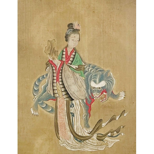 294 - Two Chinese paintings on silk, early 20th century. Each depicting a female figure, one with a dog of... 