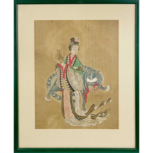 294 - Two Chinese paintings on silk, early 20th century. Each depicting a female figure, one with a dog of... 