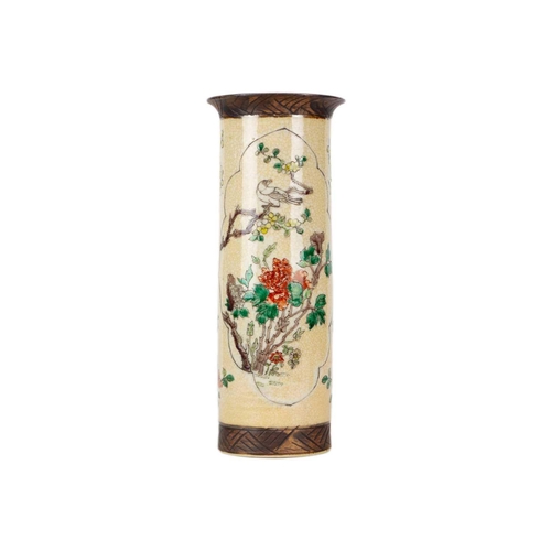 302 - A Chinese famille verte crackle glaze cylindrical vase, circa 1900. Height 30.5cm, diameter of top 1... 