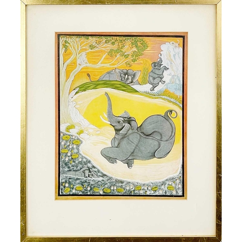 31 - An Indian oil on canvas painting depicting elephants. Frame size 40 x 32.5cm.