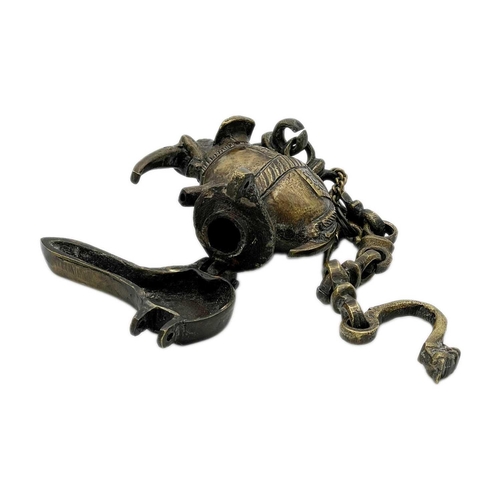 312 - An Indian bronze hanging lamp in the form of an elephant. Length including chain 26.5cm, width 9cm, ... 