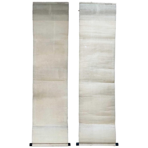 314 - Two Japanese painted scrolls, 19th century. Each depicting a Geisha, signed, total length 123cm, wid... 