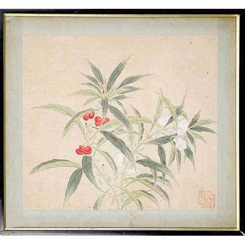 33 - A Chinese watercolour depicting a flowering plant, early 19th century. Red seal mark, frame size 37.... 