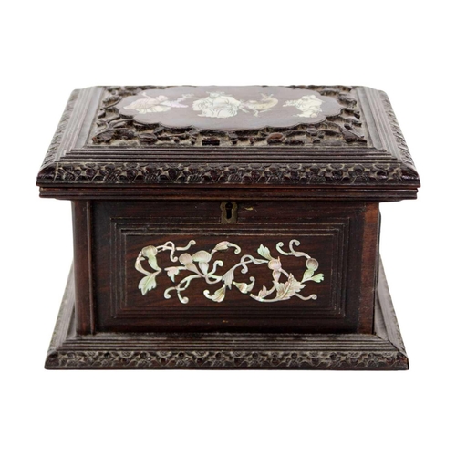 334 - A Chinese hardwood and mother of pearl jewellery casket, late Qing Dynasty. The interior with a lift... 