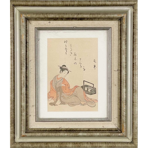 346 - A Japanese woodcut print of a seated courtesan. 40 x 35.5cm, image 20 x 13.5cm.