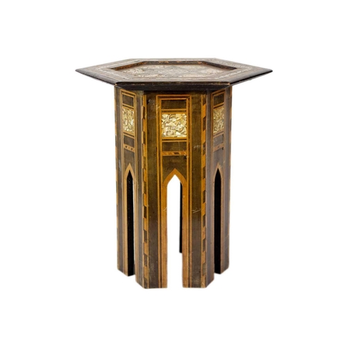 40 - A Syrian hexagonal occasional table, late 19th century. Inlaid with mother of pearl and parquetry, h... 