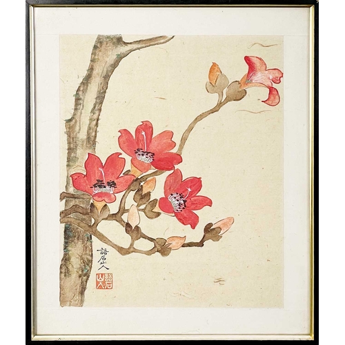 42 - A Chinese watercolour of a flowering tree, 19th century. Calligraphy and red seal mark, frame 37 x 3... 