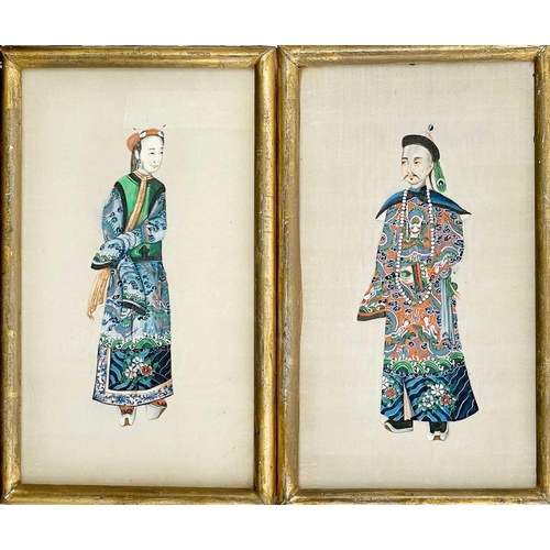 43 - A pair of Chinese pith paper paintings, 19th century. Depicting a male and female figure in ceremoni... 