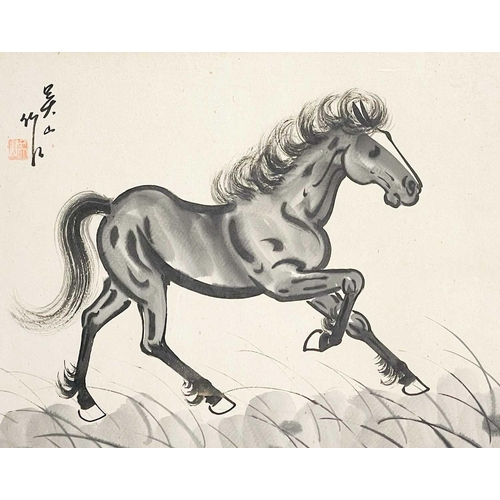 44 - A pair of Chinese watercolours each depicting a horse, 19th century. Calligraphy and red seal, frame... 