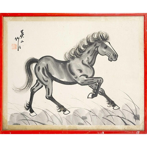 44 - A pair of Chinese watercolours each depicting a horse, 19th century. Calligraphy and red seal, frame... 