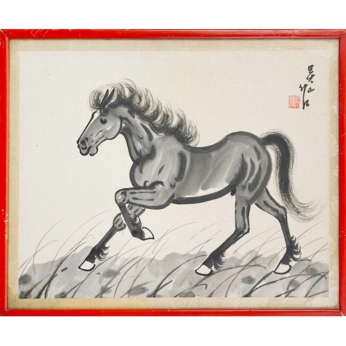 44 - A pair of Chinese watercolours each depicting a horse, 19th century. Calligraphy and red seal, frame... 