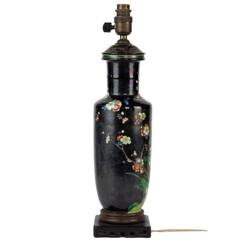 48 - A Chinese famille noire rouleau vase, 19th century. converted to a lamp, vase height 30.5cm, width 1... 