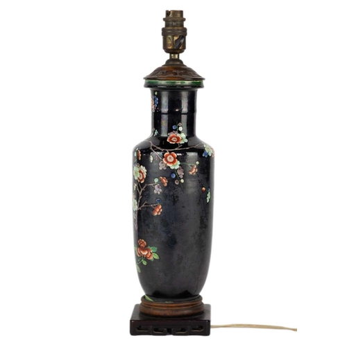 48 - A Chinese famille noire rouleau vase, 19th century. converted to a lamp, vase height 30.5cm, width 1... 