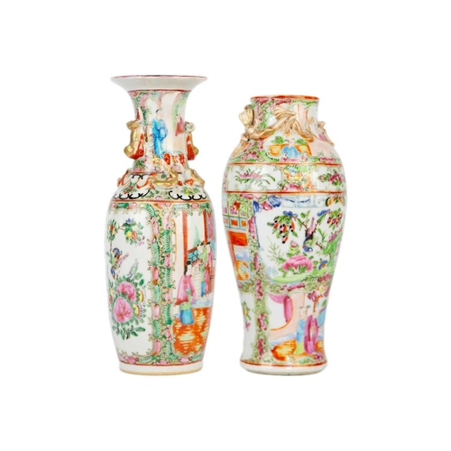 5 - Two Chinese Canton porcelain vases, 19th century. Heights 24.5cm and 23cm. (2) No damages. Both vase... 