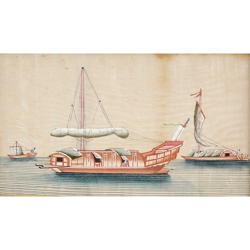 50 - A pair of Chinese pith paper paintings depicting junks, 19th century. 24 x 36cm. (2)