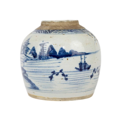 70 - A Chinese blue and white ginger jar, 19th century. Painted with a river scene, height 16.5cm, diamet... 