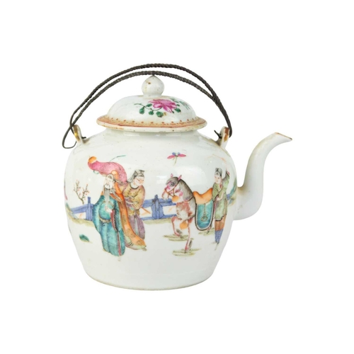 91 - A Chinese famille rose teapot, early 20th century. With figures and a horse in a landscape, two meta... 