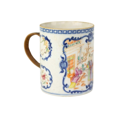 94 - A Chinese famille rose porcelain mug, Qianlong. With figures in a landscape including on horseback, ... 